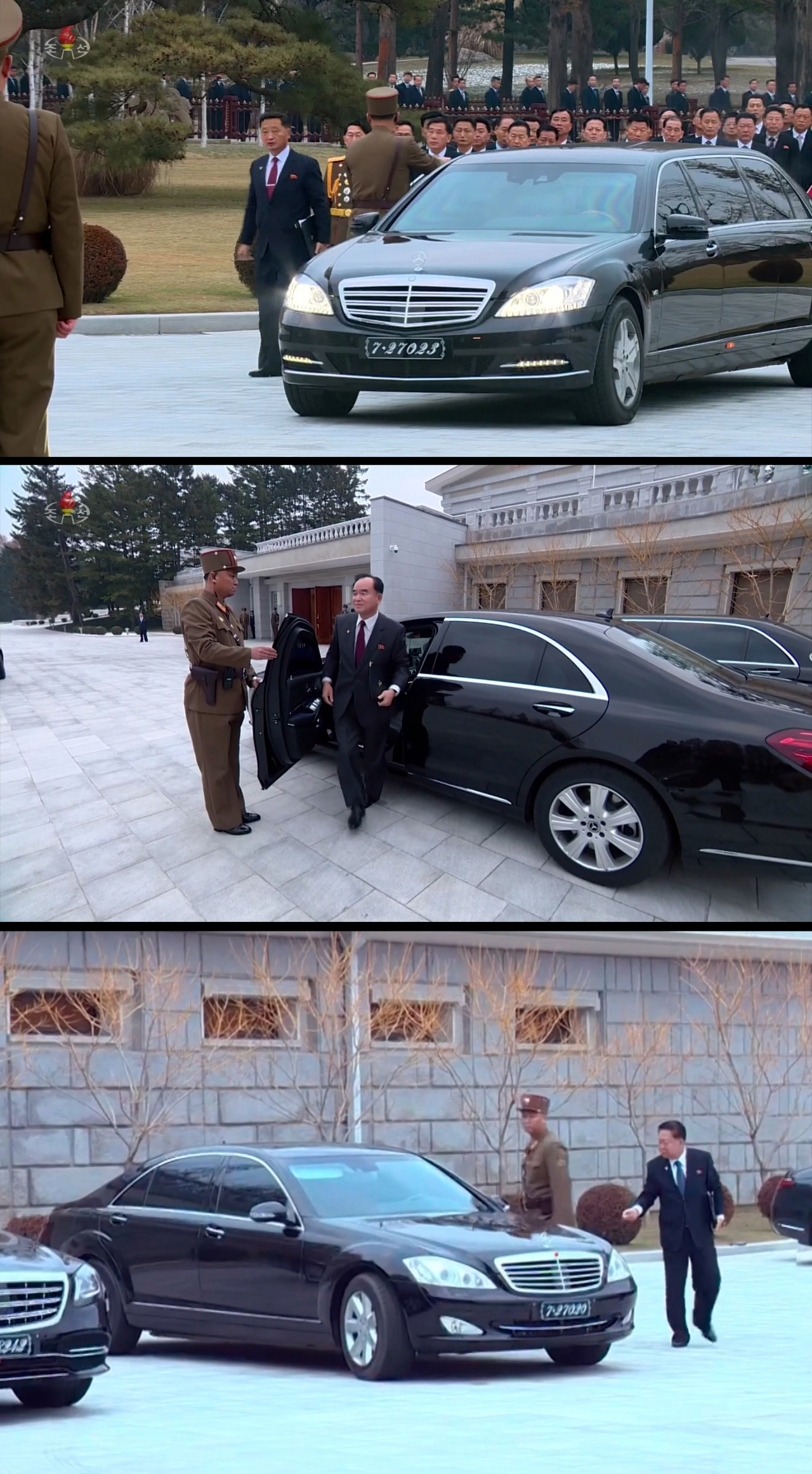 This photo, taken from footage aired by the North's Korean Central Television on Wednesday, shows Premier Kim Tok-hun (left) arriving for a year-end plenary meeting of the Central Committee of the North's ruling Workers' Party in Pyongyang the previous day in a Mercedes-Benz vehicle. (Yonhap)