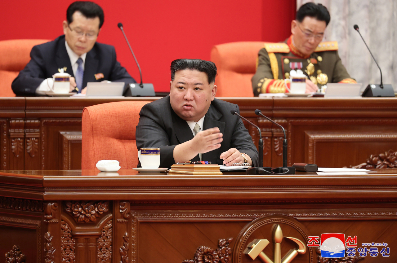 North Korean leader Kim Jong-un attends the ninth plenary meeting of the eighth Central Committee of the ruling Workers' Party of Korea on Dec. 30, in this photo released by North Korea's state-run Korean Central News Agency the following day. The five-day meeting kicked off on Dec. 26. (Yonhap)
