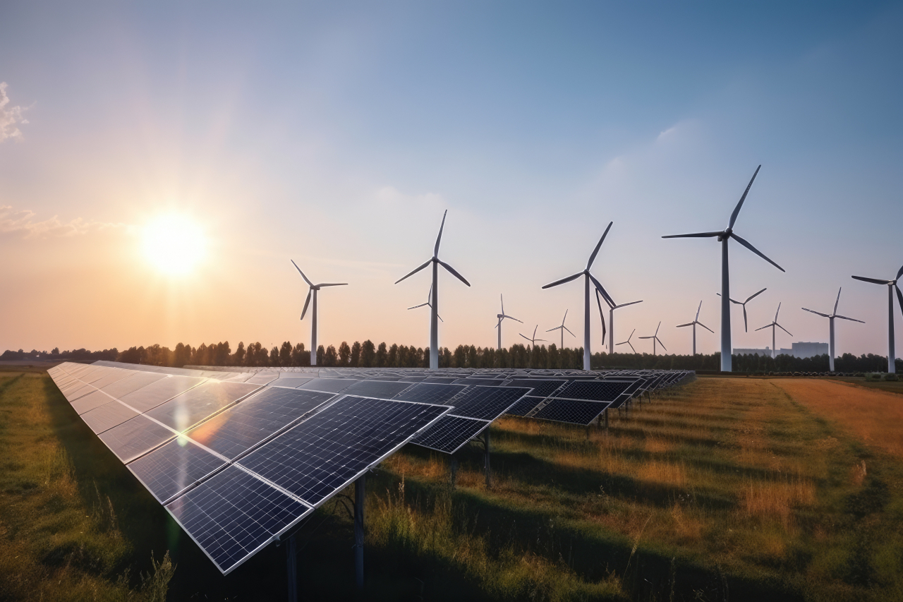 This AI-generated image shows solar panels and wind turbines in a solar farm. (123rf)
