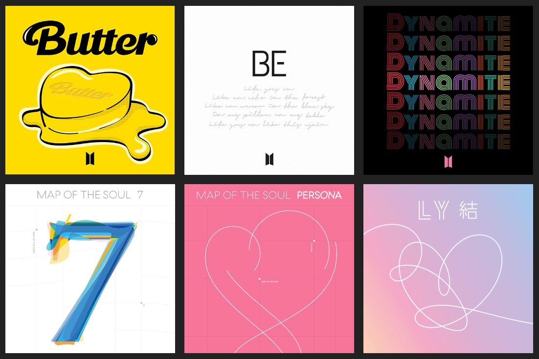 Screenshot of BTS' album covers (Big Hit Music website)