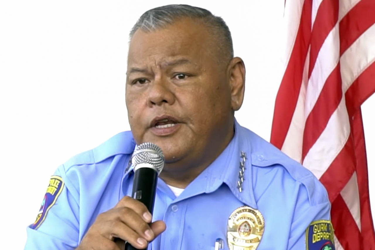 In this image taken from video Guam Police Department Chief Stephen Ignacio speaks during a joint news conference in Hagatna, Friday. (AP-Yonhap)