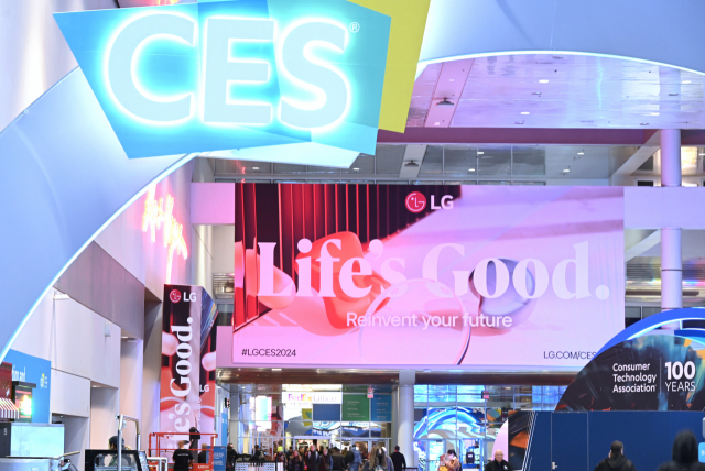 LG Electronics' advertisements are displayed at the CES 2024 tech show in Las Vegas, Sunday. (LG Electronics)
