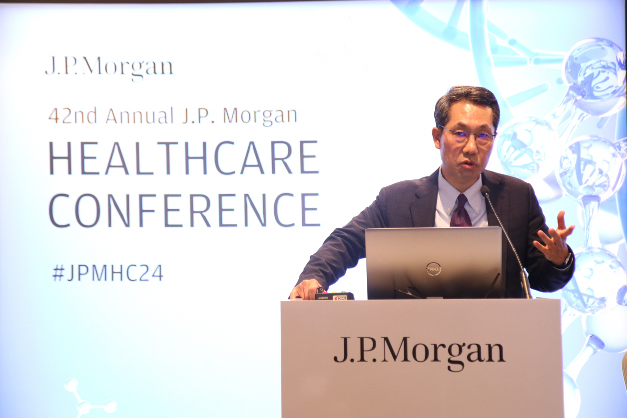 SK Biopharmaceuticals CEO Lee Dong-hoon speaks at the JPMorgan Healthcare Conference' Asia-Pacific track session, held in San Francisco, California, Tuesday. (SK Biopharmaceuticals)
