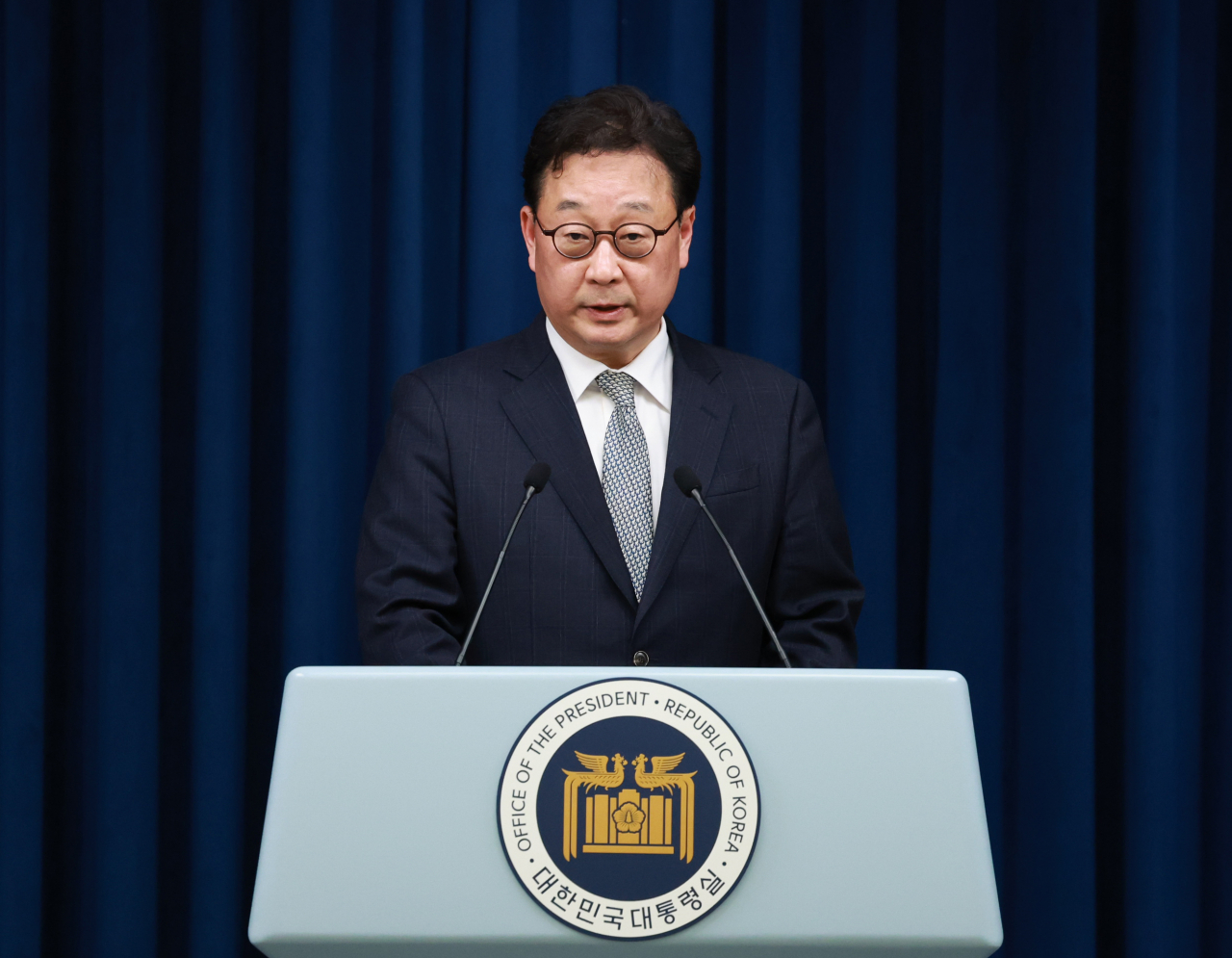 Wang Yun-jong, appointee of the third deputy director of the National Security Office, speaks to reporters at the presidential office on Wednesday. (Yonhap)
