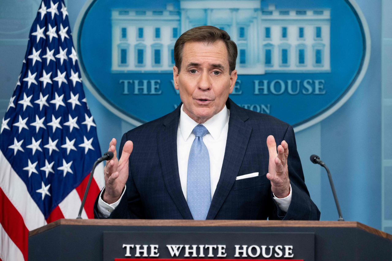 US National Security Council Coordinator for Strategic Communications John Kirby speaks during the daily briefing in the Brady Briefing Room of the White House in Washington, DC, on Thursday. (AFP-Yonhap)