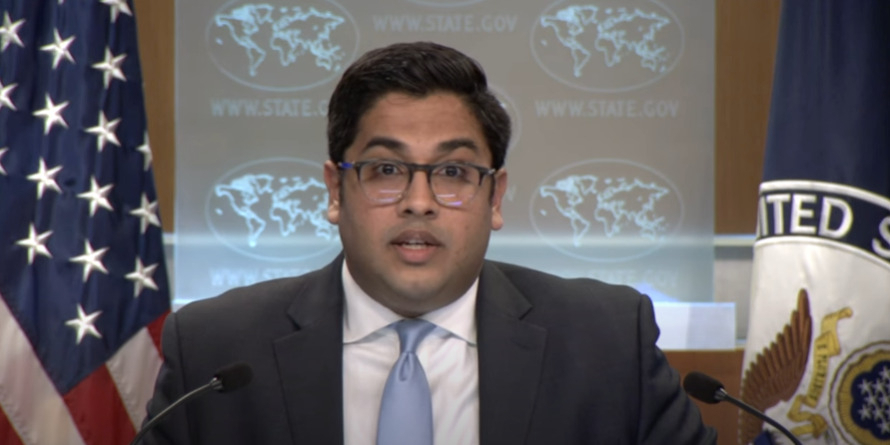 State Department deputy spokesperson Vedant Patel is seen answering questions during a daily press briefing at the department in Washington on Jan. 13, 2023 in this captured image. (US Department of State)