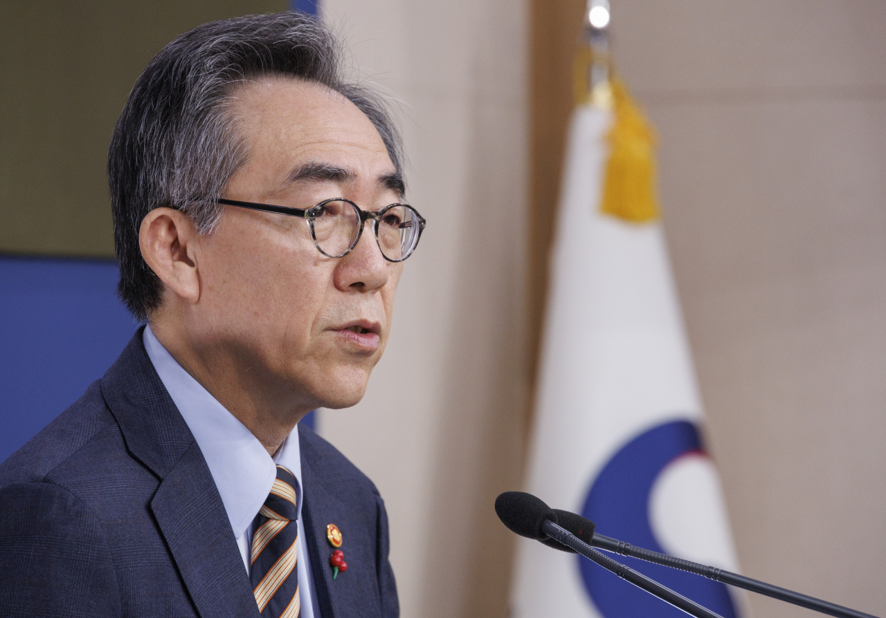 Foreign Minister Cho Tae-yul speaks during a press conference following his inauguration ceremony at the Foreign Ministry in Seoul on Friday.