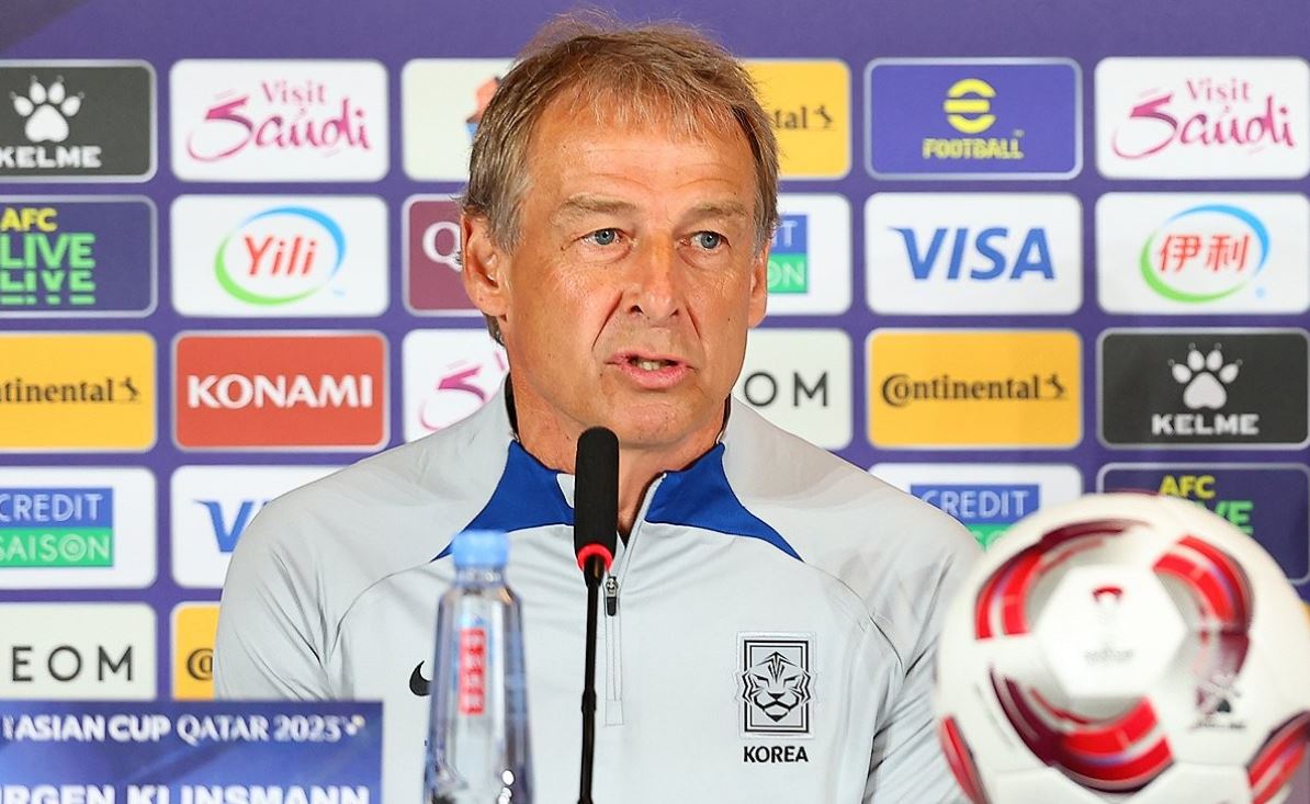 South Korea head coach Jurgen Klinsmann speaks at a press conference ahead of a Group E match against Bahrain at the Asian Football Confederation Asian Cup at the Main Media Centre in Doha on Jan. 14, 2024. (Yonhap)