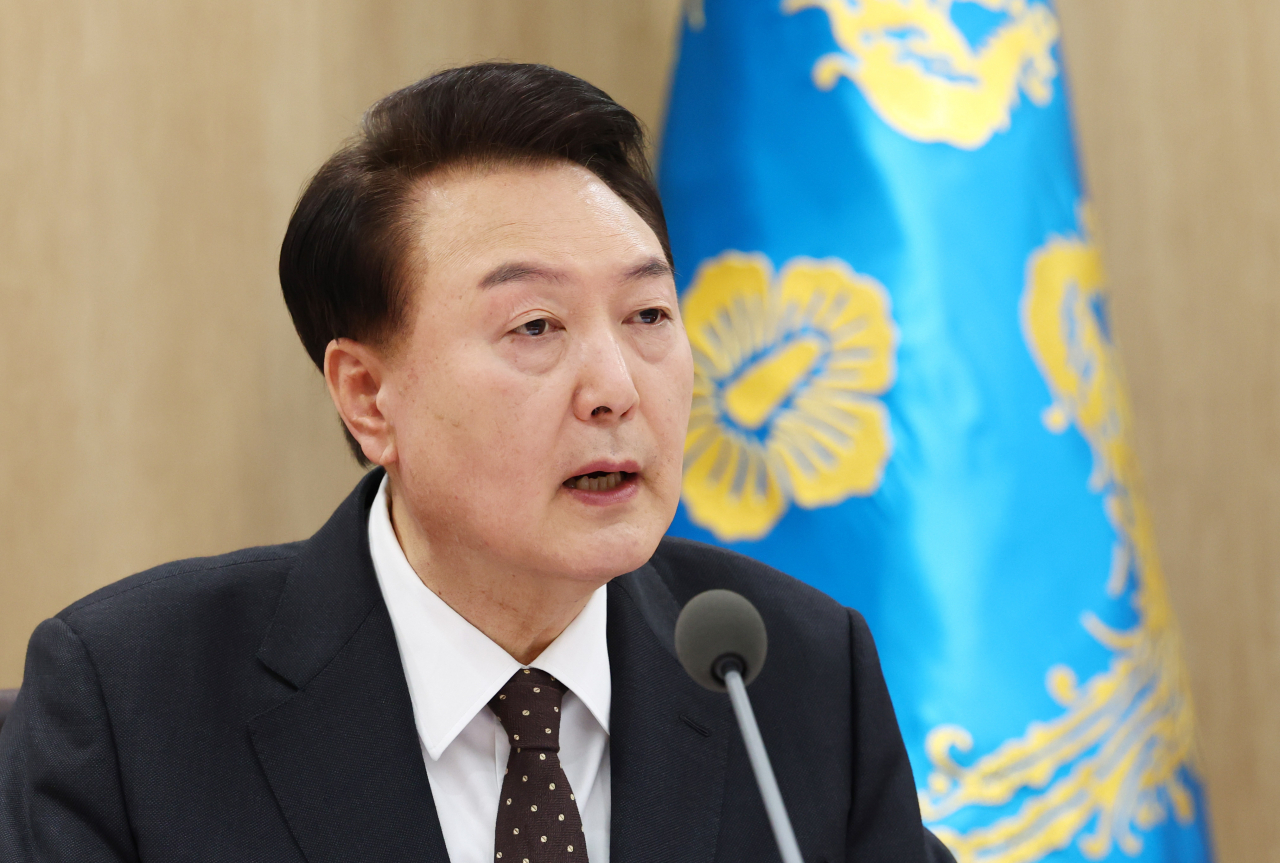 President Yoon Suk Yeol speaks during a Cabinet meeting held in his office in Seoul on Tuesday. (Yonhap)
