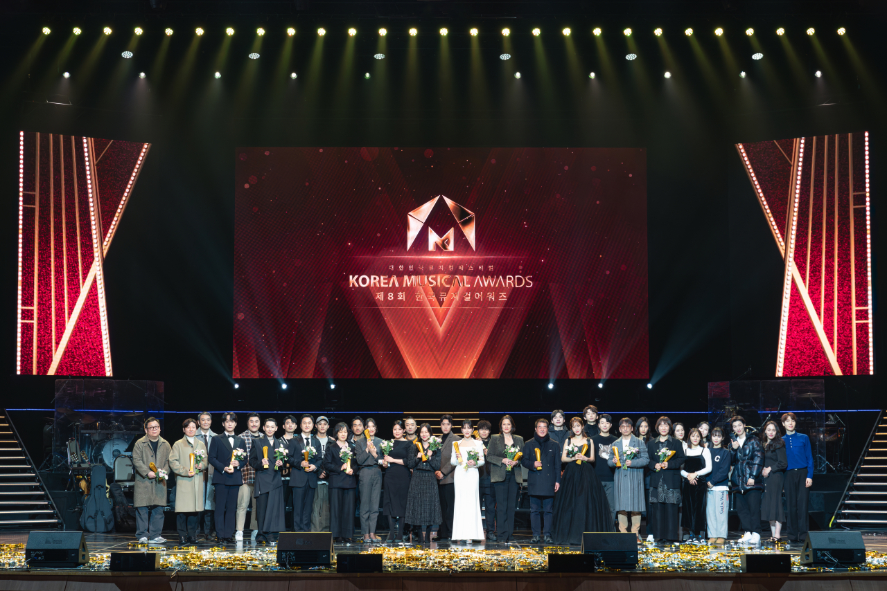 Winners at the 8th Korea Musical Awards pose for photos at Kyung Hee University Grand Peace Palace on Monday. (Korea Musical Awards)