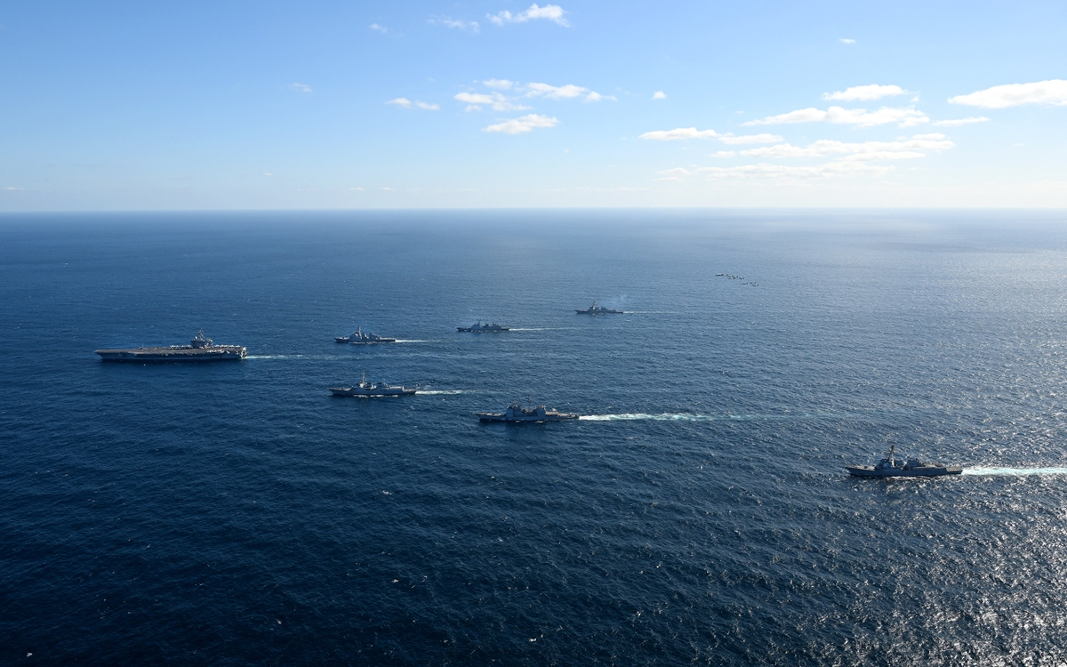 South Korea, the United States, and Japan jointly conducted naval drills in waters south of the Korean Peninsula on Wednesday. (Joint Chiefs of Staff )
