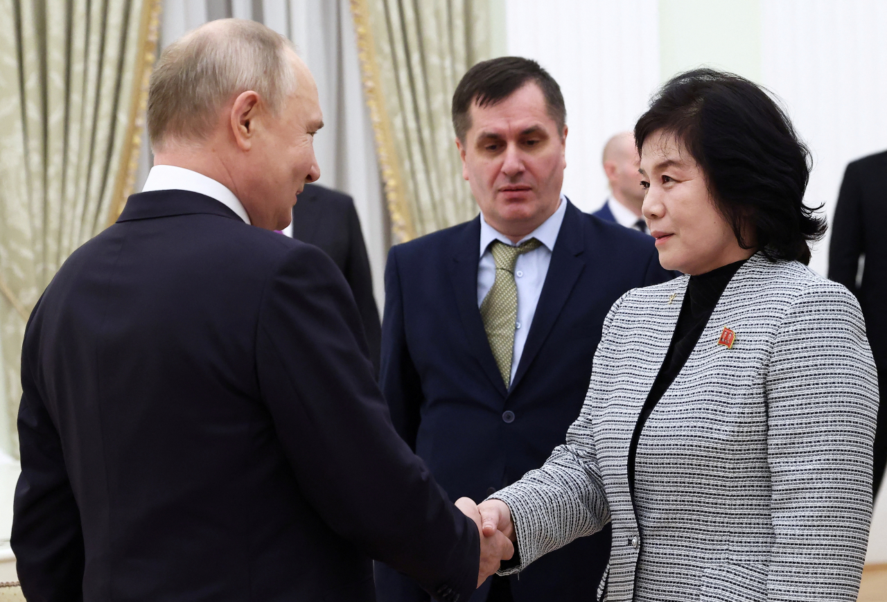 Russian President Vladimir Putin meets North Korean Foreign Minister Choe Son-hui in Moscow, Russia on Tuesday. (Sputnik/Pool via Reuters)