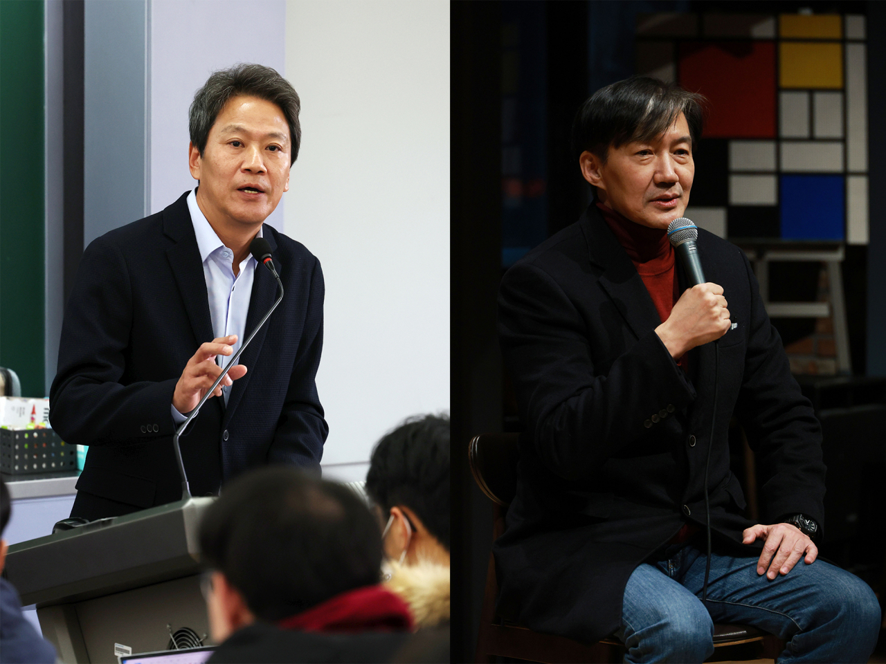These images show former presidential chief of staff Im Jong-seok on Dec. 7, 2023 (left) and former senior presidential secretary for civil affairs Cho Kuk on Dec. 22, 2023. (Newsis-Yonhap)
