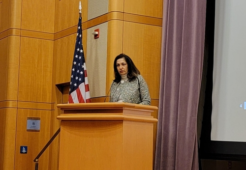 Uzra Zeya, the US under secretary of state for civilian security, democracy and human rights, speaks before the screening of 
