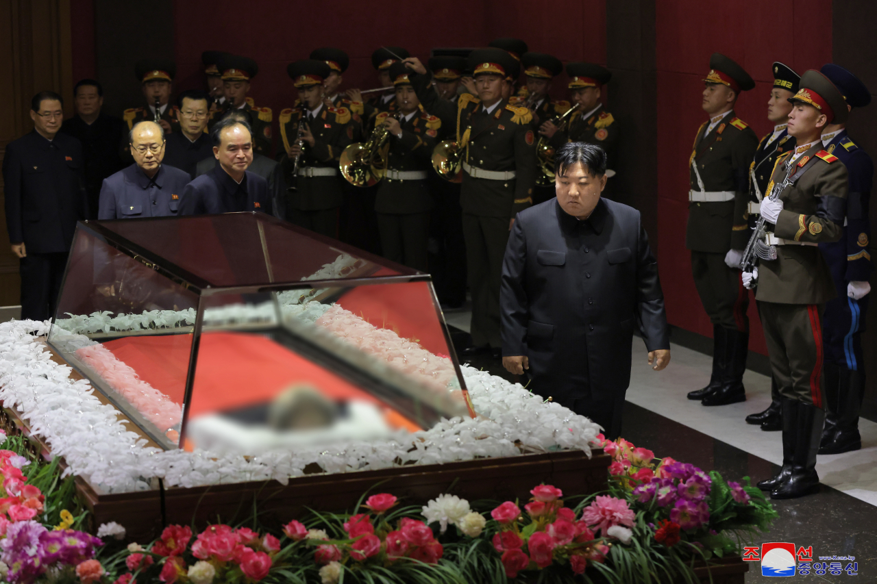 This photo shows North Korean leader Kim Jong-un attending the funeral of Choe Thae-bok, a former chairman of the Supreme People's Assembly, held on Sunday. (KCNA)