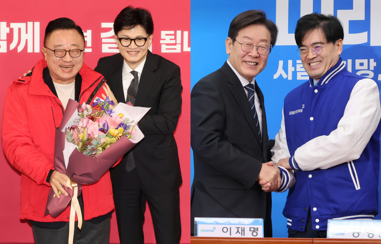 The photo on the left shows People Power Party interim chair Han Dong-hoon (right) posing for a photo with former Samsung Electronics president Koh Dong-jin at a welcoming ceremony held at the National Assembly in Seoul Monday. The other photo shows Democratic Party Chairman Rep. Lee Jae-myung (left) welcoming former Hyundai Motor president Kong Young-woon at a welcoming ceremony held at the National Assembly in Seoul Monday. (Yonhap)