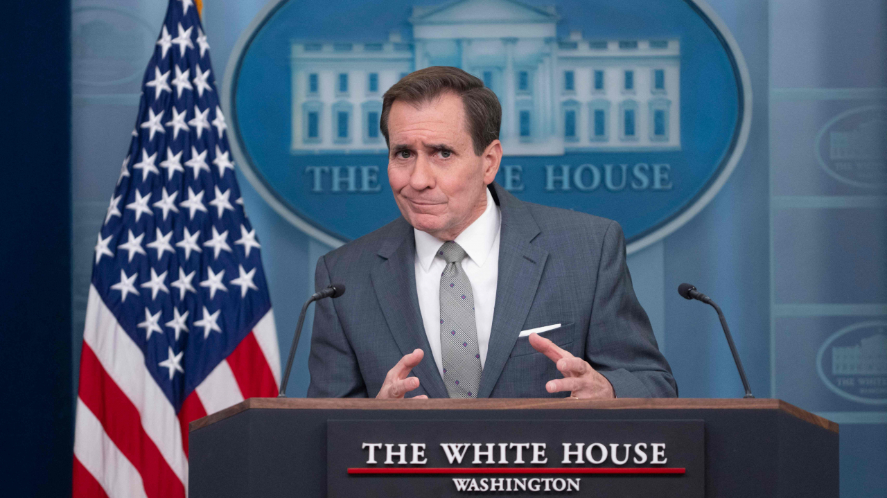 This photo shows John Kirby, the National Security Council coordinator for strategic communications, speaking during a press briefing at the White House in Washington on Tuesday. (AFP-Yonhap)