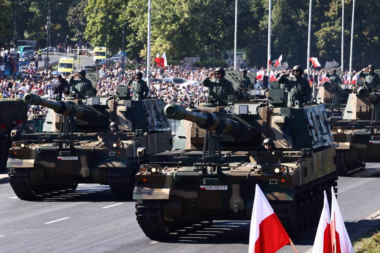 South Korean-made K-9 howitzers are seen during the Armed Forces Day Parade in Warsaw, Poland, on Aug. 15, 2023. (Getty Images)