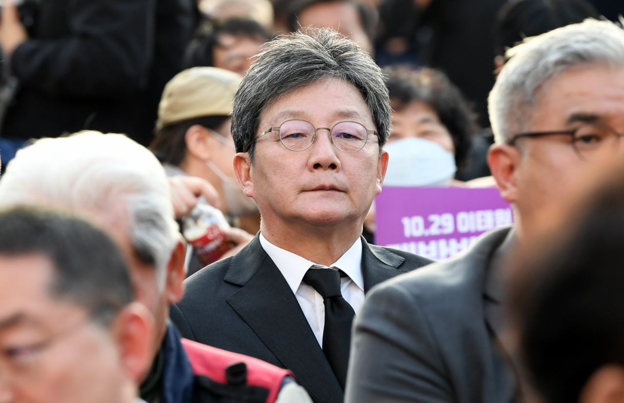 Yoo Seong-min, a former lawmaker with People Power Party, attends an anniversary event commemorating the 2022 Itaewon crowd crush, held at Seoul Square on Oct. 29, 2023. (Newsis)