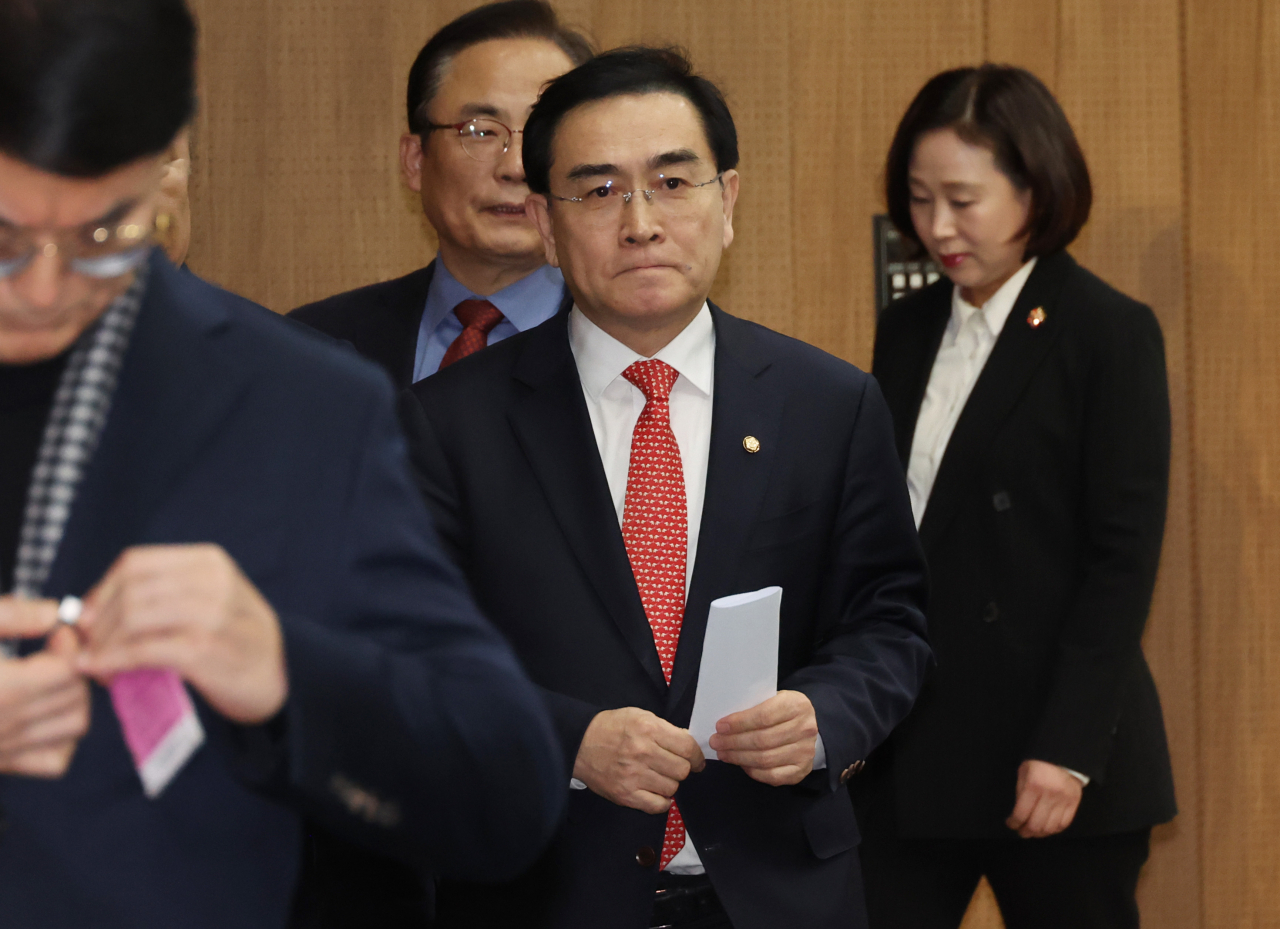 Rep. Tae Yong-ho of the ruling People Power Party leaves after a press conference at the National Assembly in Yeouido, central Seoul, on Monday. (Yonhap)