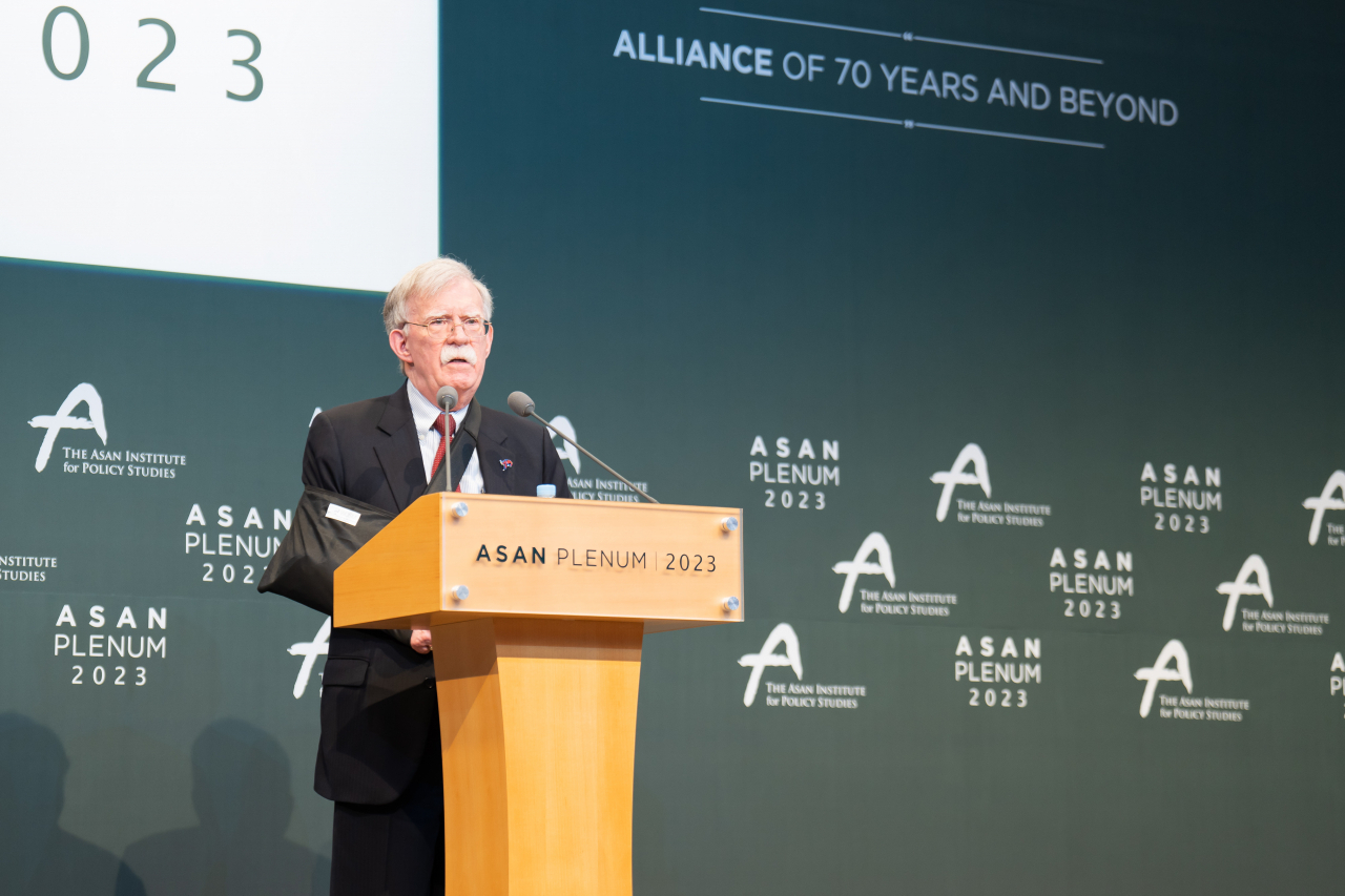 John Bolton, former White House national security adviser, speaks at the Asan Plenum 2023 hosted by the Asan Institute for Policy Studies in Seoul on April 25, 2023. (Asan Institute for Policy Studies)
