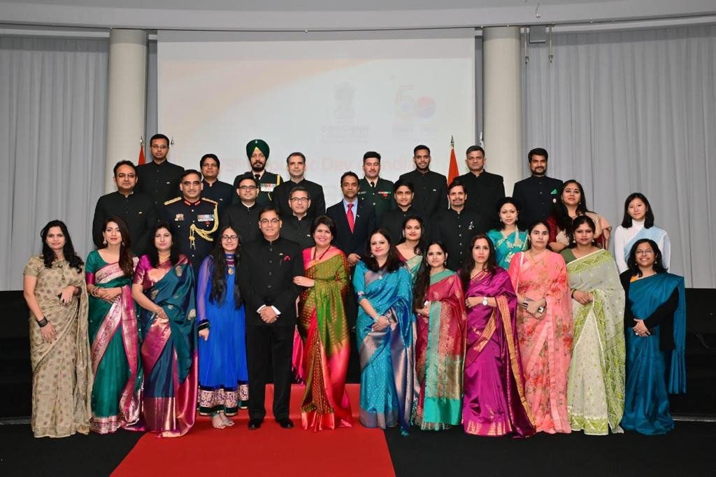 Indian Embassy officials and their family members pose for a group photo during India's 75th Republic Day celebrations at Sebitseom in Seocho-gu, Seoul,on Friday. (Indian Embassy in Seoul)