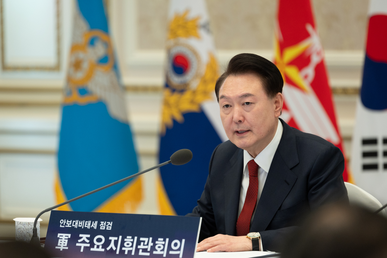 President Yoon Suk Yeol speaks during a meeting with key military figures to examine South Korea's security readiness posture at Cheong Wa Dae in Seoul on Wednesday. (Presidential office)