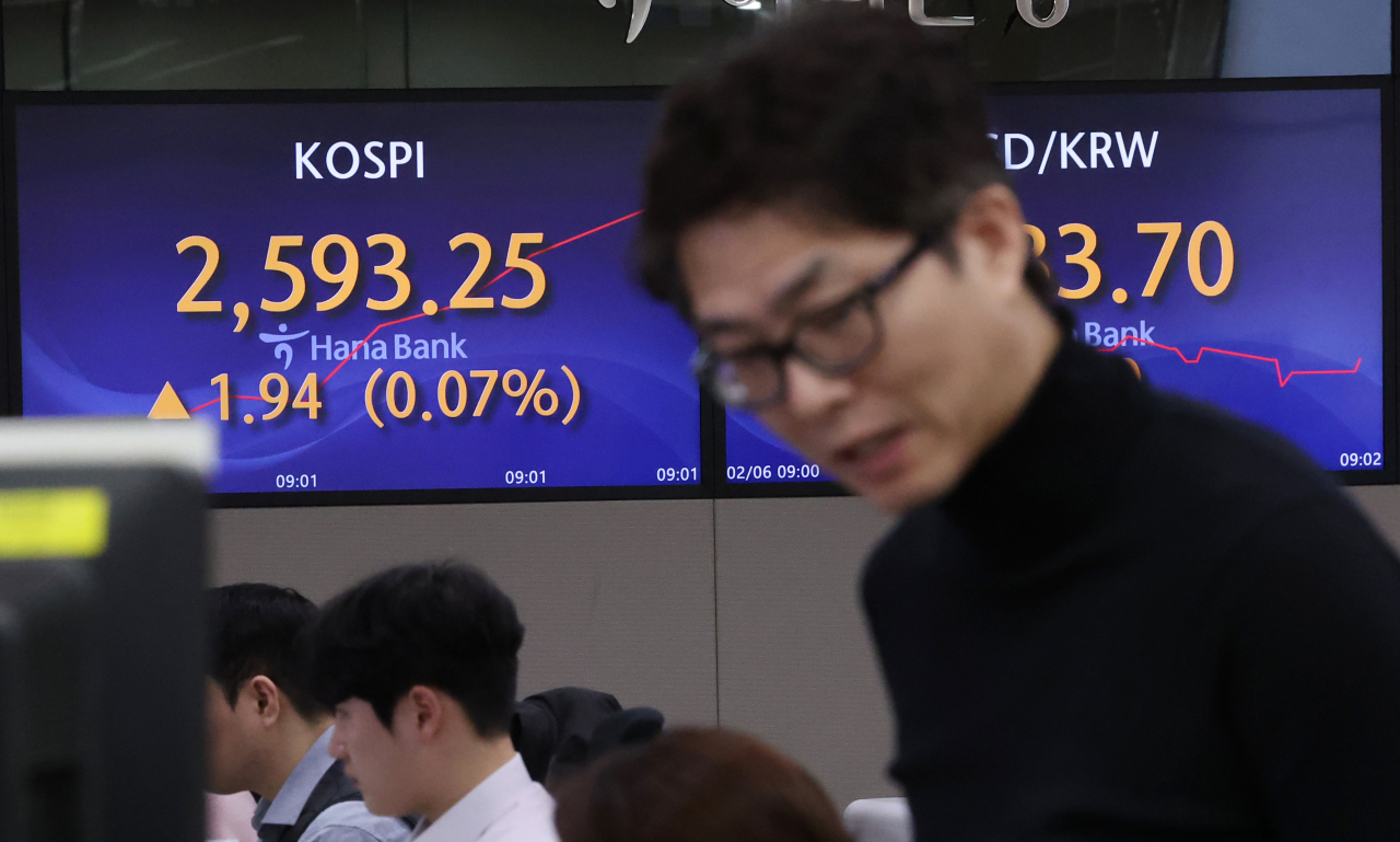 An electronic board showing the Korea Composite Stock Price Index at a dealing room of the Hana Bank headquarters in Seoul on Tuesday. (Yonhap)