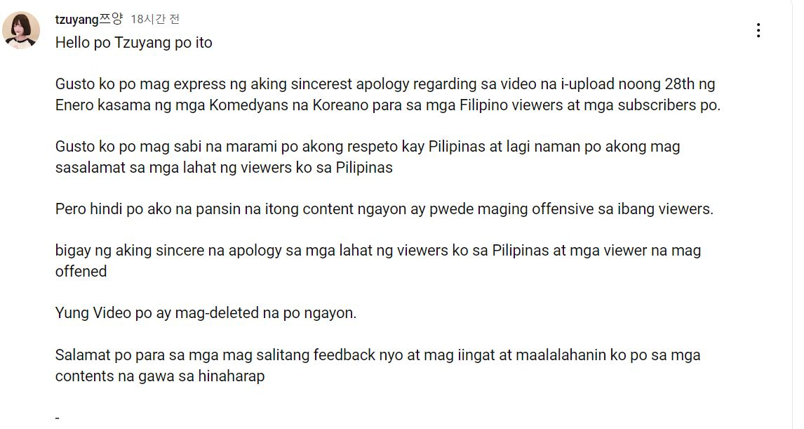 Tzuyang posted a public apology in Tagalog for her video that included what viewers criticized was a racist portrayal of a Filipino, on her YouTube channel, Monday. (YouTube)