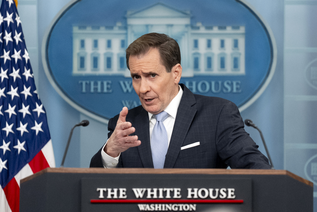White House national security communications adviser John Kirby speaks during a press briefing at the White House in Washington, Monday. (AP-Yonhap)