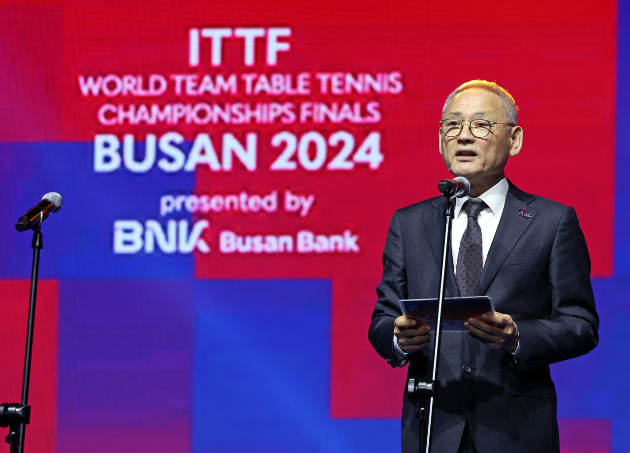 Culture Minister Yu In-chon delivers an opening address at the 2024 World Table Tennis Championship at the Bexco center in Busan on Saturday. (Ministry of Culture, Sports and Tourism)