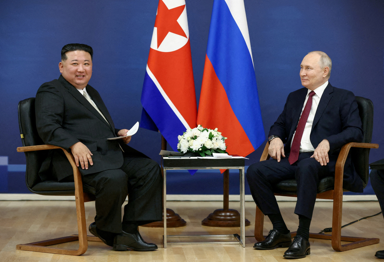 Russia's President Vladimir Putin and North Korea's leader Kim Jong-un attend a meeting at the Vostochny Cosmodrome in the far eastern Amur region, Russia, September 13, 2023. (File Pool Photo via Reuters)
