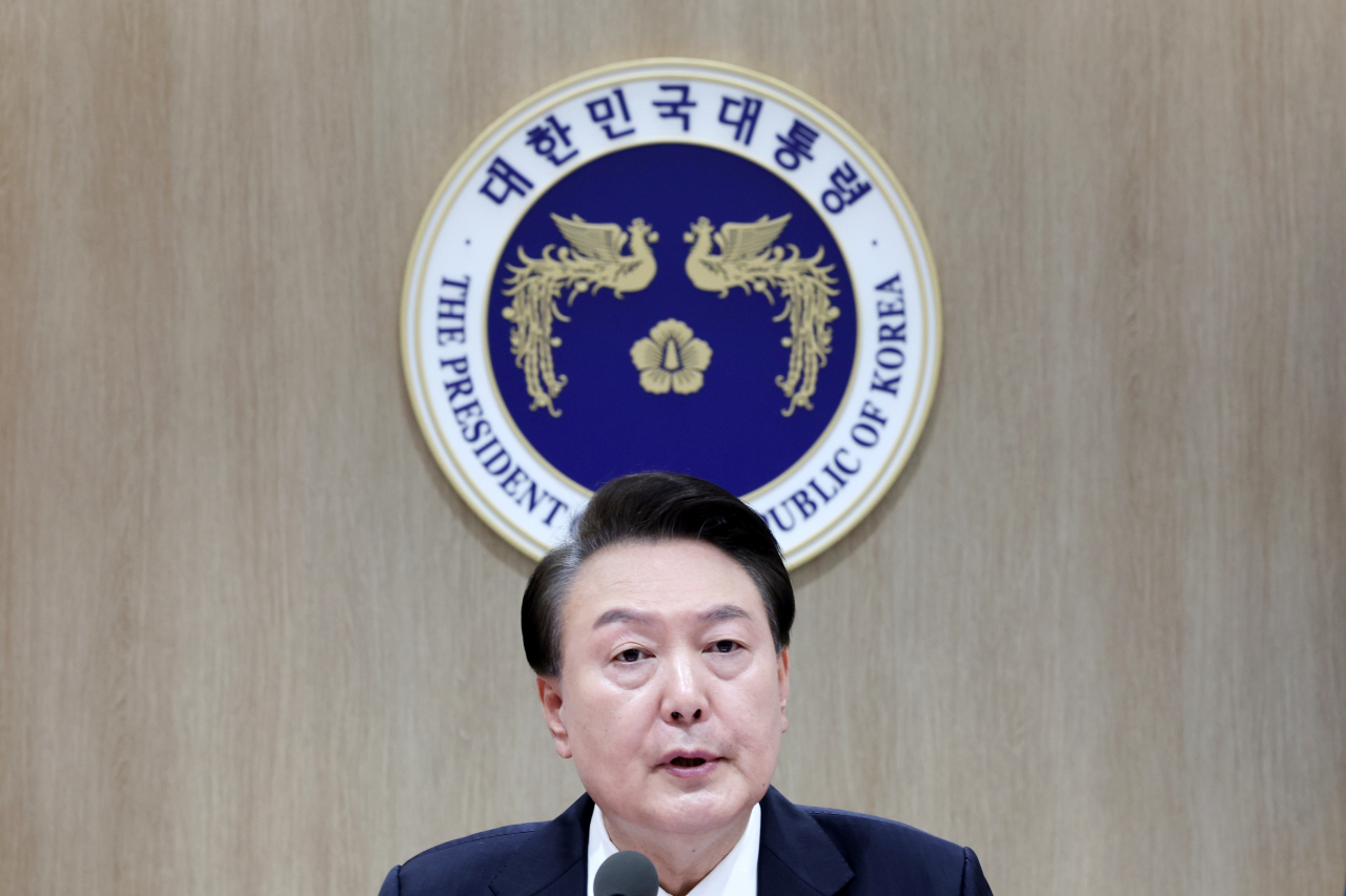 President Yoon Suk Yeol speaks during a Cabinet meeting held in his office in Seoul on Tuesday. (Yonhap)
