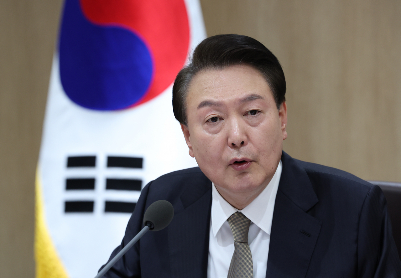 President Yoon Suk Yeol speaks at a Cabinet meeting held at the presidential office in Yongsan-gu, Seoul, Tuesday. (Yonhap)