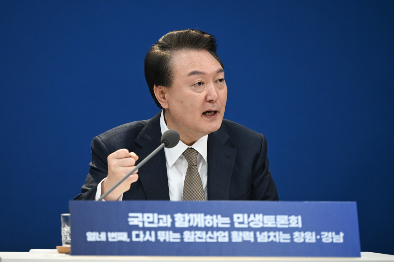 President Yoon Suk Yeol speaks during the 14th session of the policy debate held in Changwon, South Gyeongsang Province, Thursday. (Presidential office)