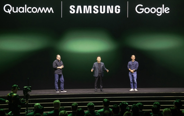 From left: Qualcomm CEO Cristiano Amon, Samsung Electronics President Roh Tae-moon and Hiroshi Lockheimer, senior vice president of platforms and ecosystems at Google, announce their partnership during an unveiling event for Samsung's Galaxy S23 phones in San Francisco on Feb. 2, 2023. (Samsung Electronics)