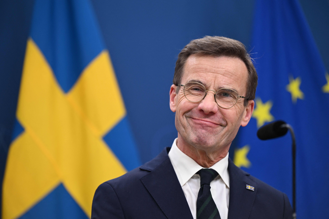 Sweden's Prime Minister Ulf Kristersson attends a press conference after Hungary's parliament has voted yes to ratify Sweden's NATO accession, in Stockholm, Sweden, Monday. (AFP-Yonhap)