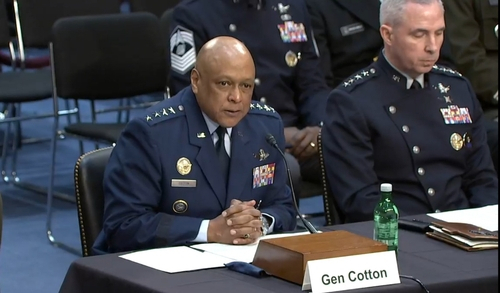 Gen. Anthony Cotton, commander of US Strategic Command, speaks during a session of the Senate Armed Services Committee in Washington on Thursday in this photo captured from a live stream of the session from the committee's website. (Yonhap)