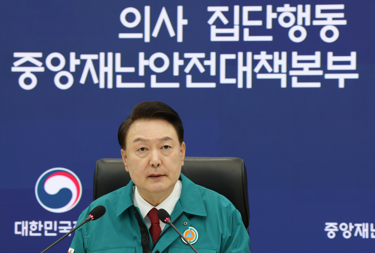 President Yoon Suk Yeol presides over a meeting of the Pan-governmental Central Disaster and Safety Countermeasures Headquarters in Sejong City on Wednesday. (Yonhap)