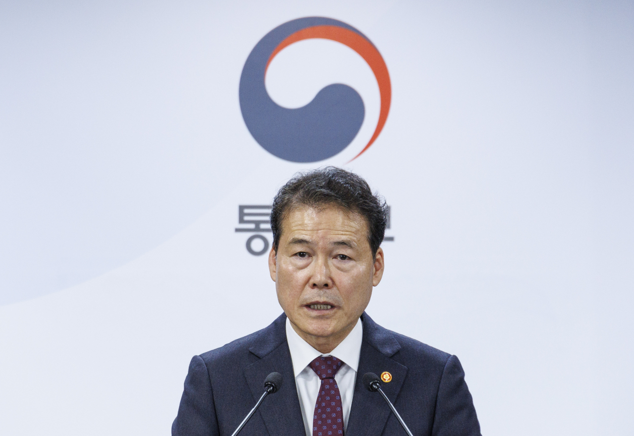 Unification Minister Kim Yung-ho holds a press briefing on the Unification Ministry's 2024 policy goals at the Government Complex Seoul, Friday. (Yonhap)