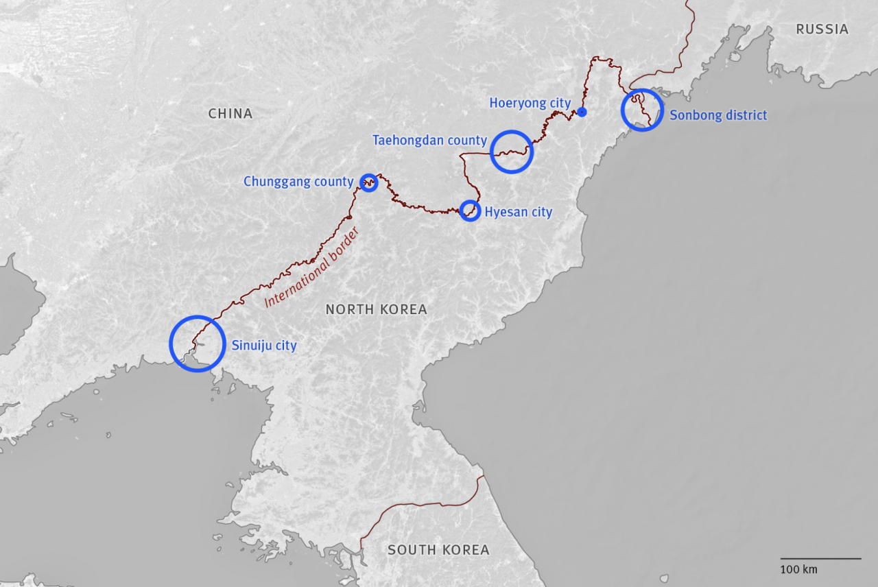 A map of the six border control areas along North Korea's northern border, analyzed by Human Rights Watch (HRW)
