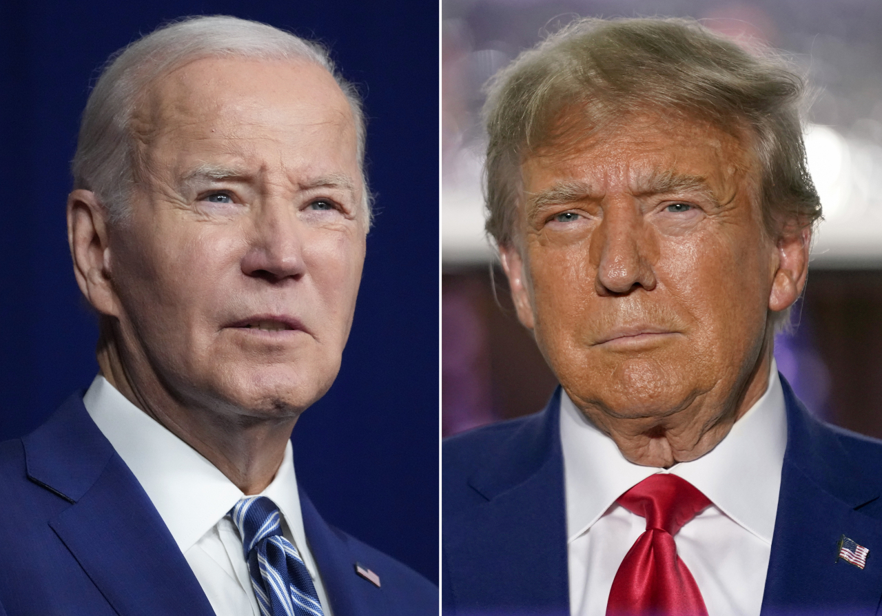 In this combination of photos, President Joe Biden(Left) speaks on Aug. 10, 2023, in Salt Lake City, and former President Donald Trump speaks on June 13, 2023, in Bedminster, N.J. The 2024 general election campaign will pick up Saturday where the 2020 contest left off. Fresh off their Super Tuesday domination to set up a near-certain rematch, the two rivals will hold dueling events in a state that both parties see as pivotal to winning in November. (AP-Yonhap)