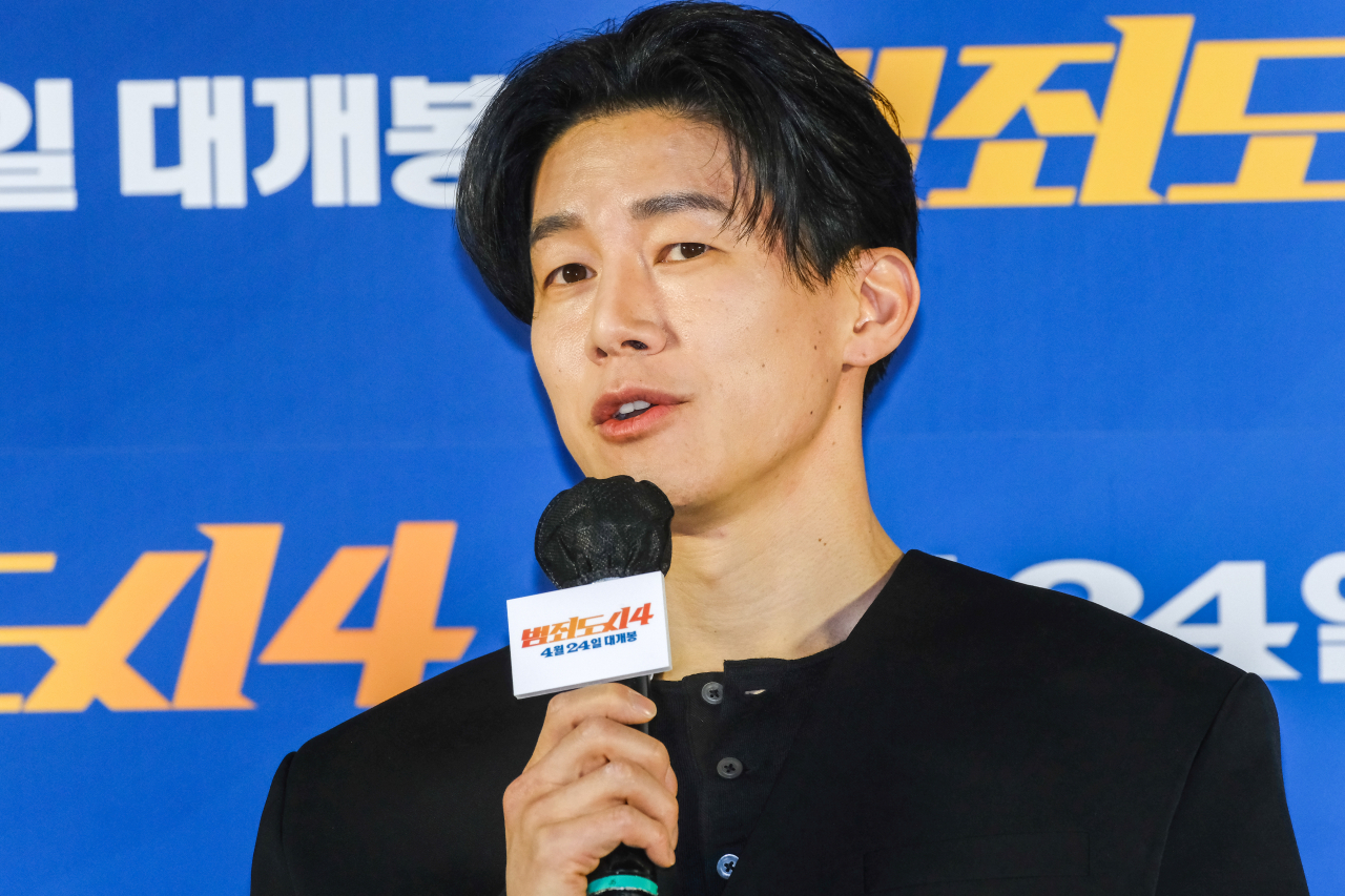 Kim Moo-yeol speaks during a press conference for “The Roundup: Punishment” at Megabox Seongsu in Seoul on Monday. (Yonhap)