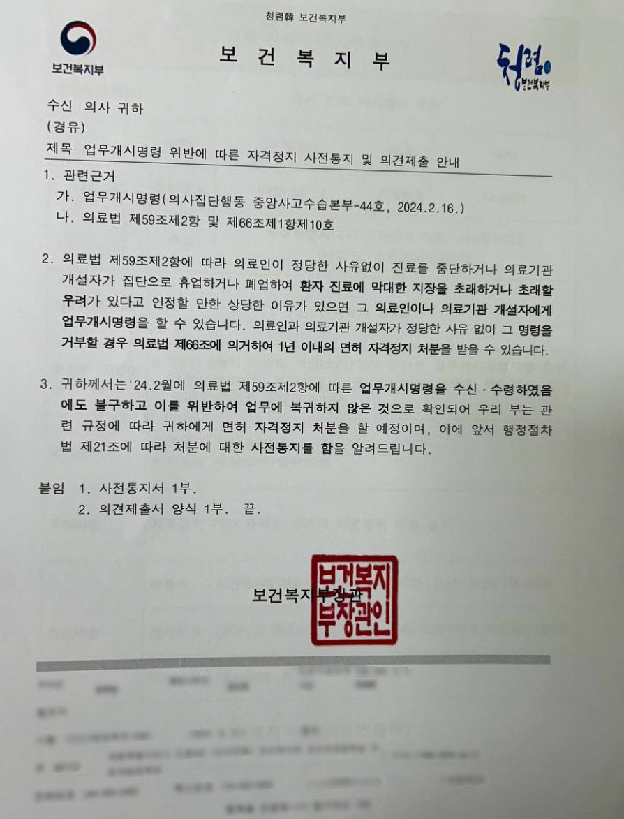 A license suspension notice sent to a junior doctor by the Ministry of Health and Welfare (Courtesy of Ryu Ok Hada)