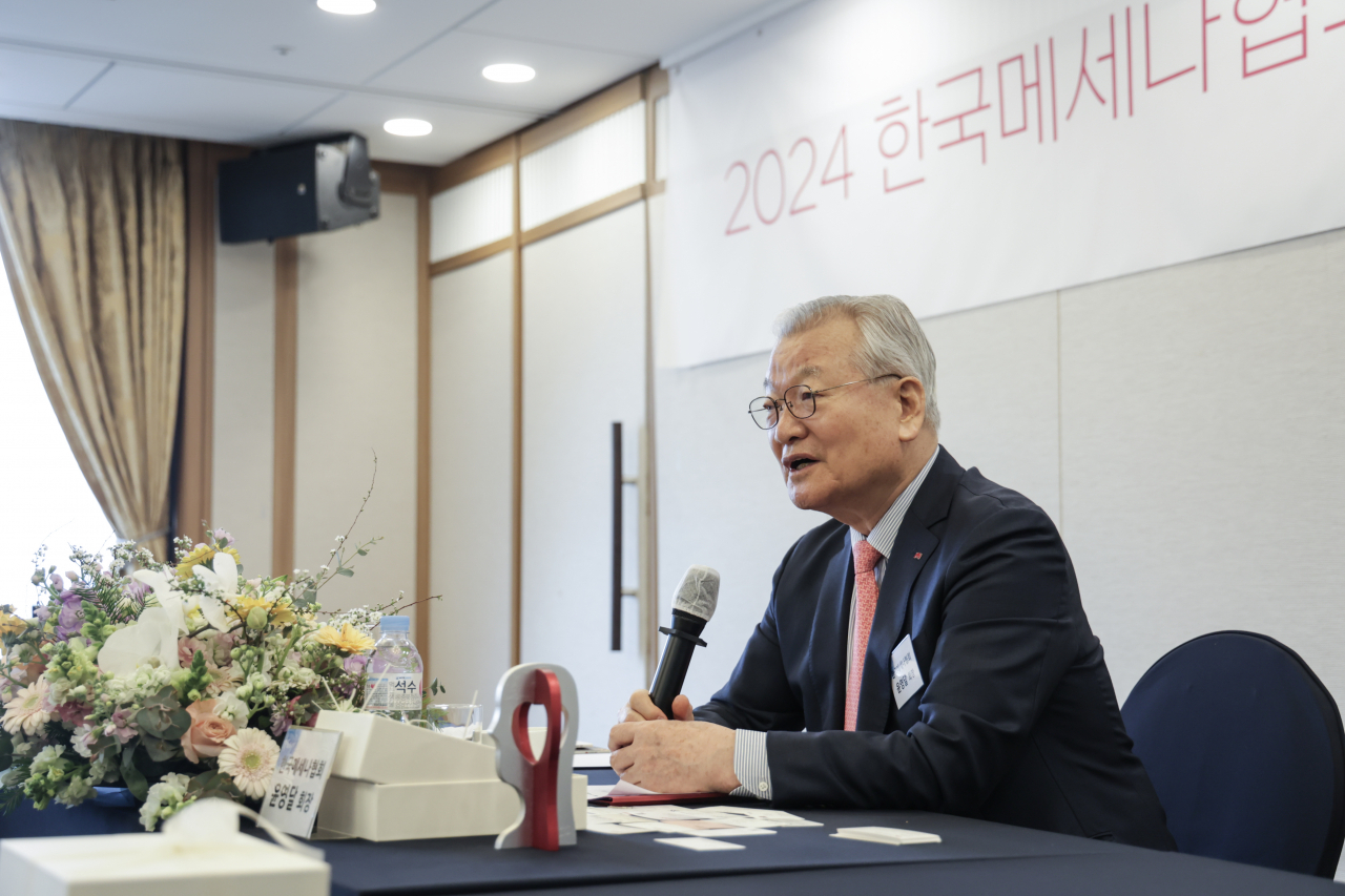 Korea Mecenat Association Chair Yoon Young-dal speaks during a press conference on Tuesday in Seoul. (Korea Mecenat Association)