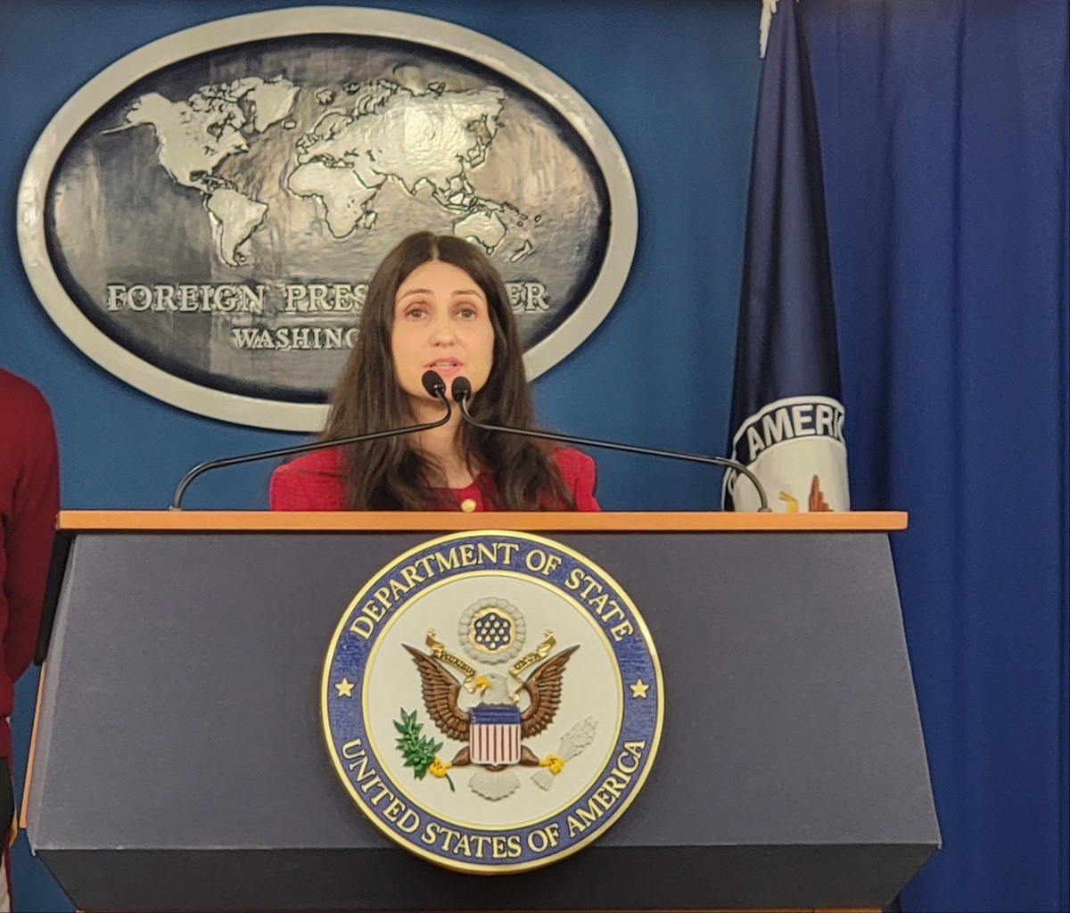 Kelly Razzouk, US National Security Council special assistant to the president and senior director for democracy and human rights, speaks during a press briefing at the Foreign Press Center in Washington on Wednesday. (US National Security Council)