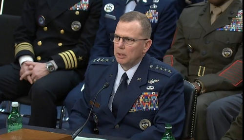 Gen. Gregory Guillot, commander of US Northern Command and North American Aerospace Defense Command speaks during a session of the Senate Armed Services Committee in Washington on Thursday. (Senate Armed Services Committe)