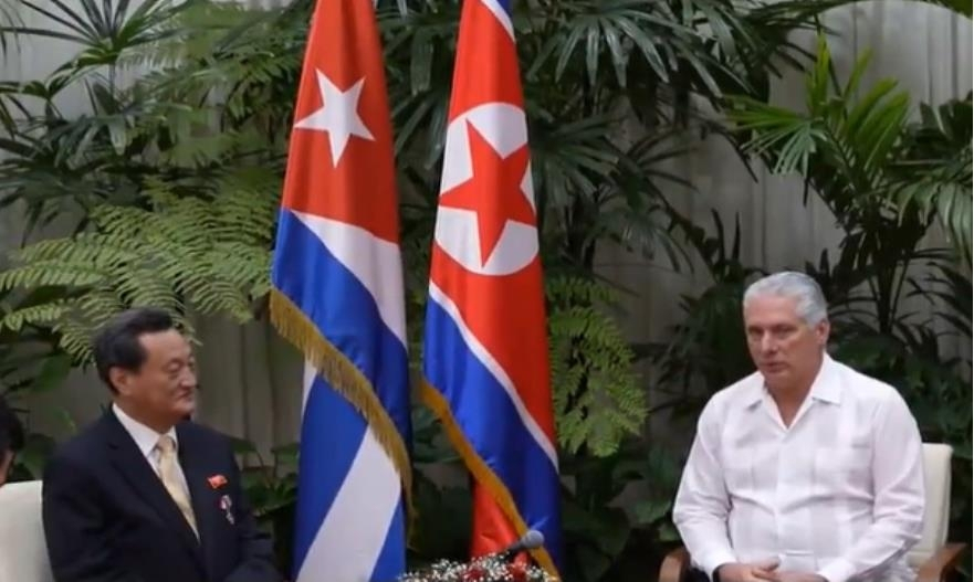 Cuban President Miguel Diaz-Canel (Right) meets with North Korean Ambassador to Cuba Ma Chol-su at the Palace of the Revolution in Havana on Saturday. (Cuban President's X)