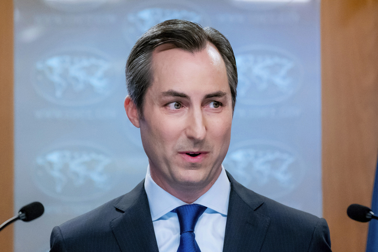 This file photo, uploaded on Friday, shows State Department spokesperson Matthew Miller during a news briefing at the State Department on July 18. 2023, in Washington. (AP-Yonhap)