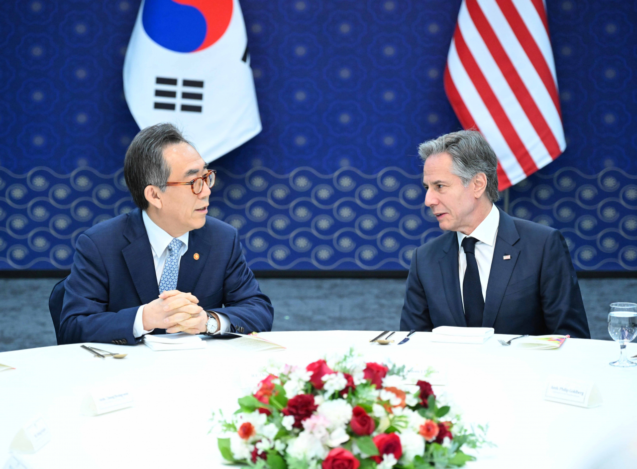 South Korean Foreign Minister Cho Tae-yul speaks to US Secretary of State Antony Blinken during their talks at the foreign ministry in Seoul on Monday. Blinken came to Seoul to attend the third Summit for Democracy in the capital. (Ministry of Foreign Affairs)